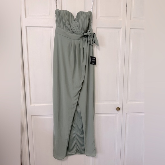 NWT Lulu’s Sage Brush Green Strapless Front Split Bridesmaid Prom Dress Medium - Picture 2 of 16